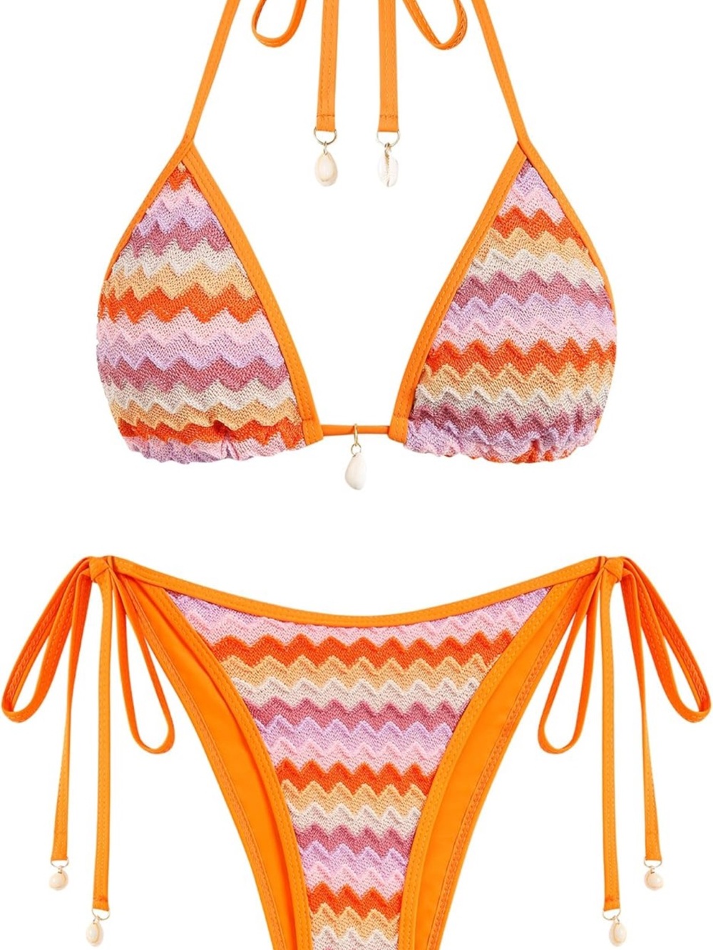 Zaful Orange Multicolor Chevron Knit Tie Bikini
